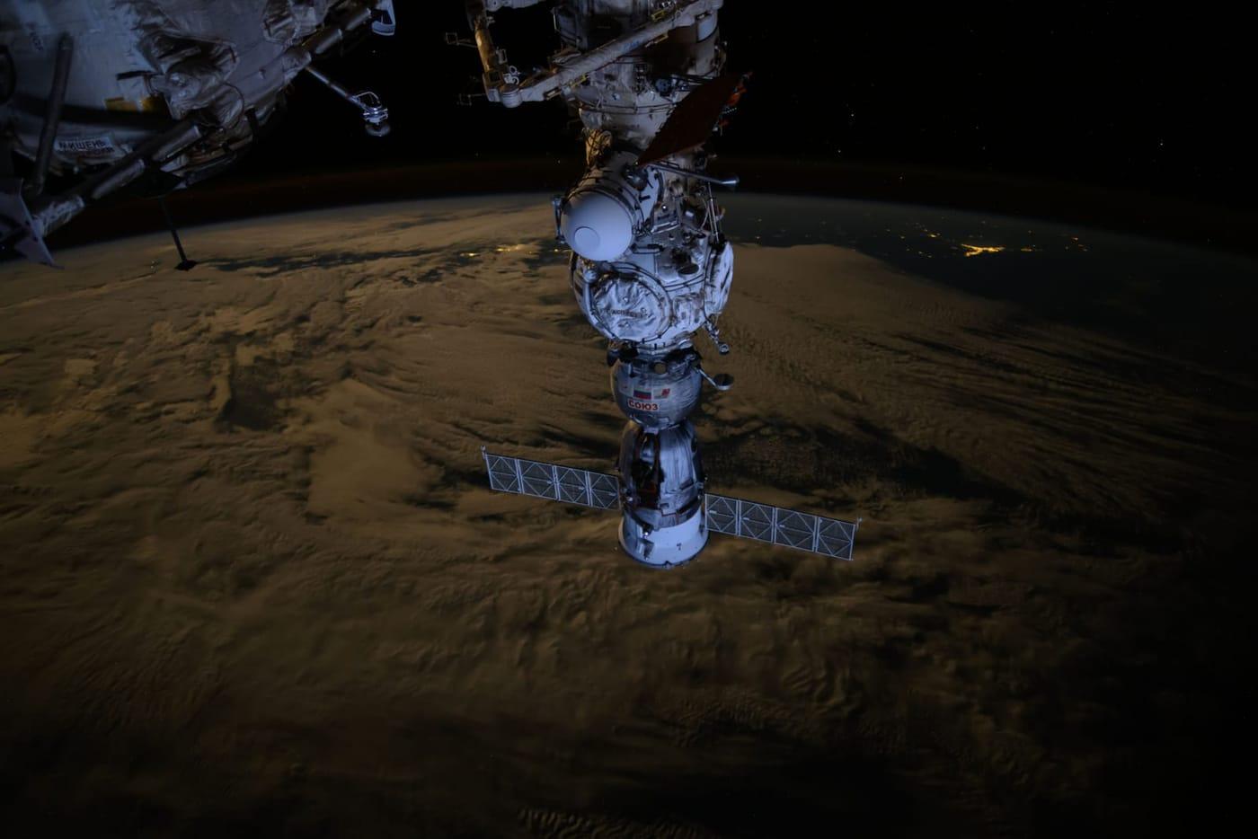 The Soyuz MS-25 crew ship docked to the Prichal docking module