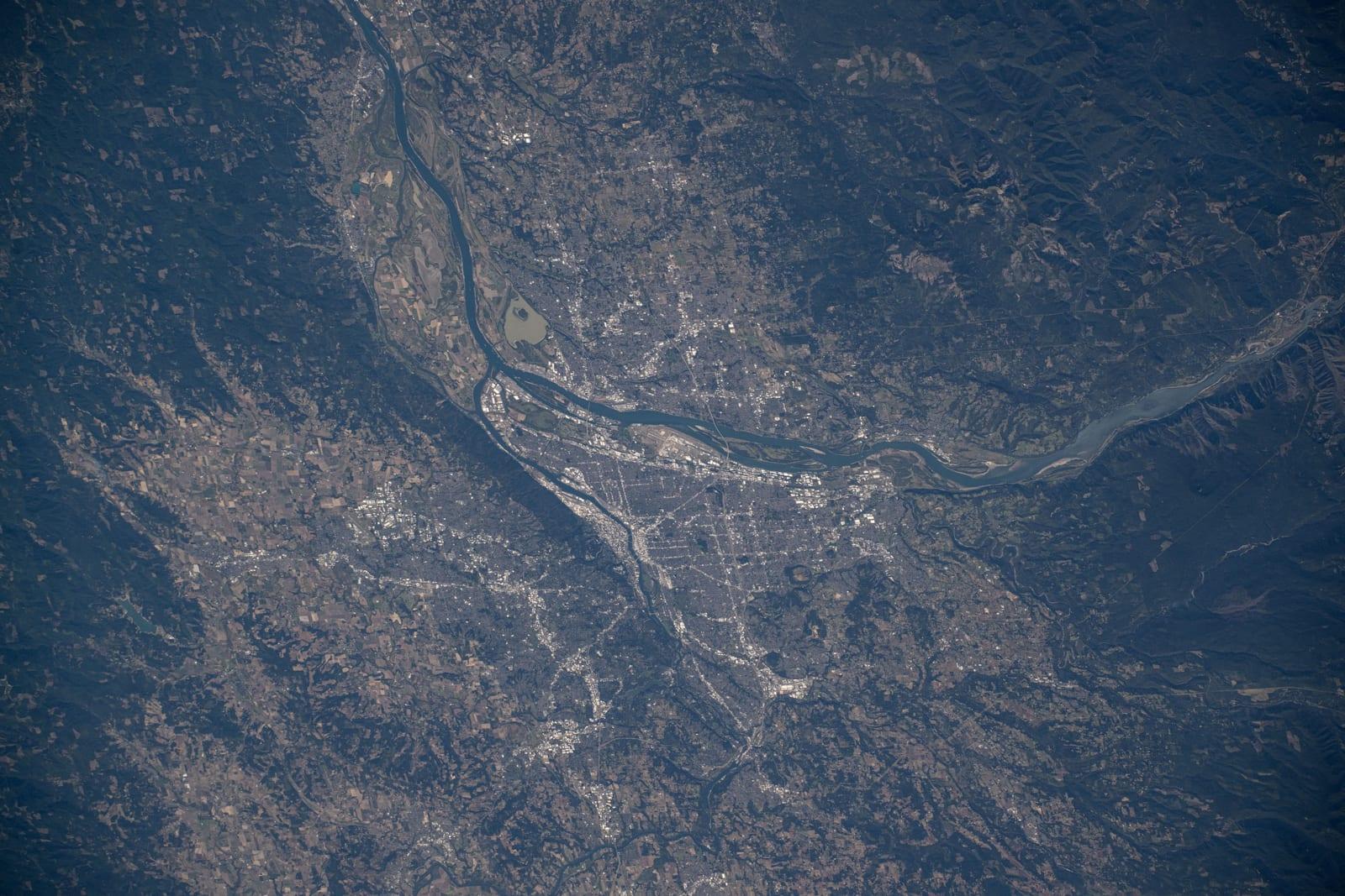 Portland, Oregon, at the junction of the Willamette and Columbia Rivers