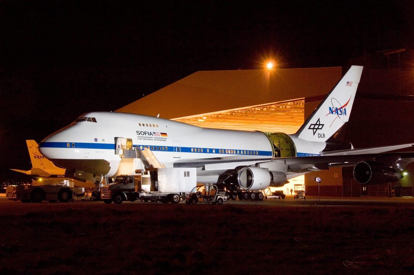 NASA's SOFIA flying observatory was captured in striking relief during nighttime telescope characterization tests in Palmdale, Calif., in March 2008