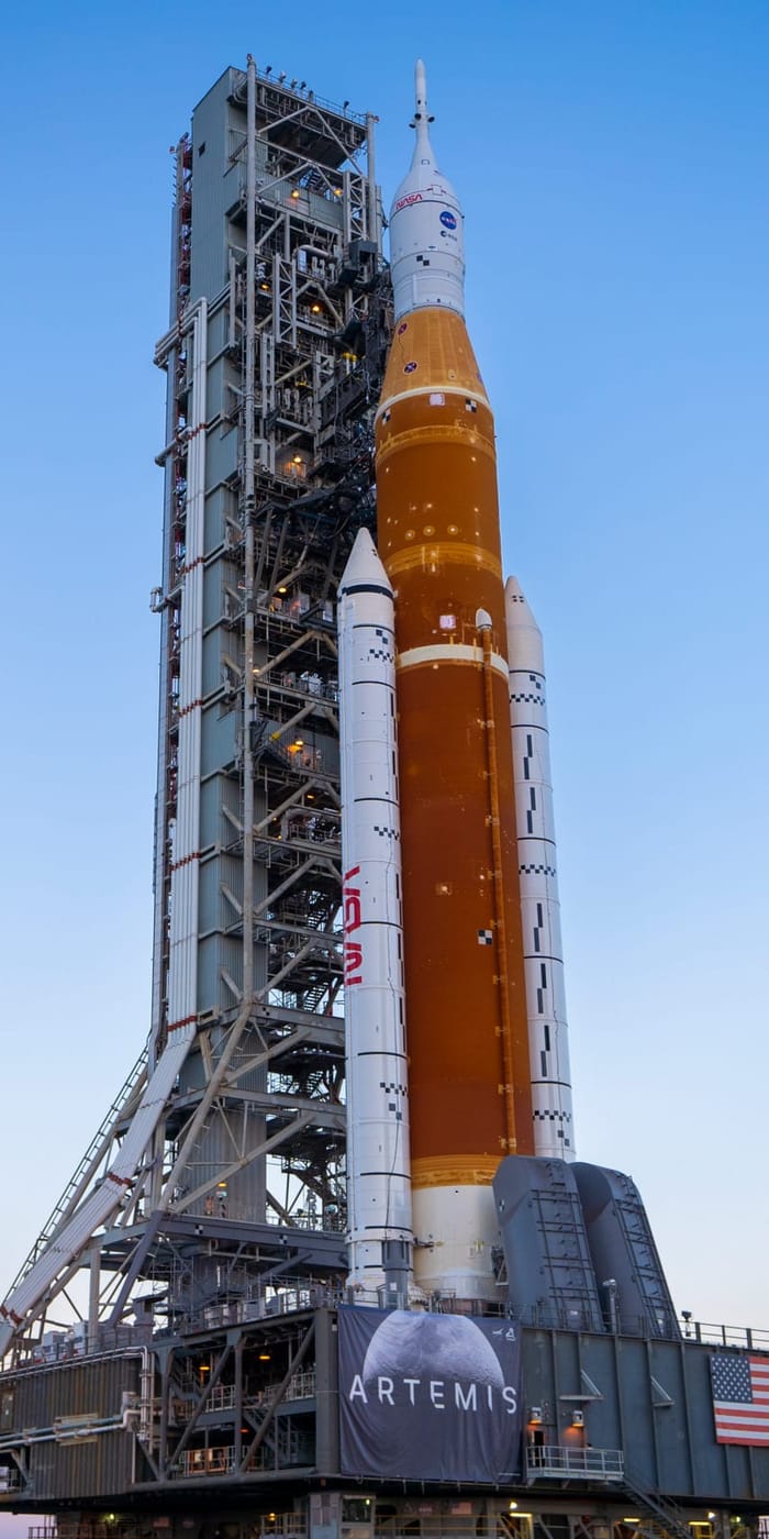 Space Launch System (SLS) rocket and Orion Spacecraft rollout at Kennedy Space Center